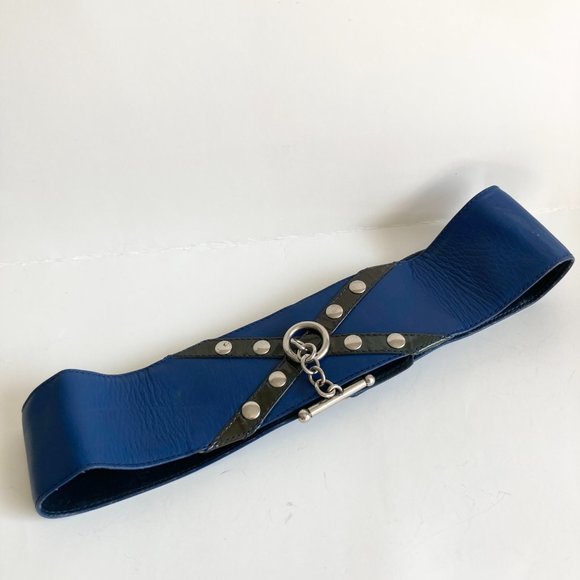 Vtg Ugo Correani Blue Italian Leather Wide Belt Womens Size 44 XS S 28-29\